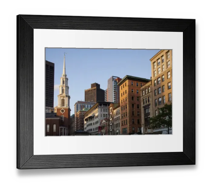 Framed Print : USA, Massachusetts, Boston, Old North Church and city skyline on s[ring evening Framed Print : USA, Massachusetts, Boston, Old North Church and city skyline on s[ring evening