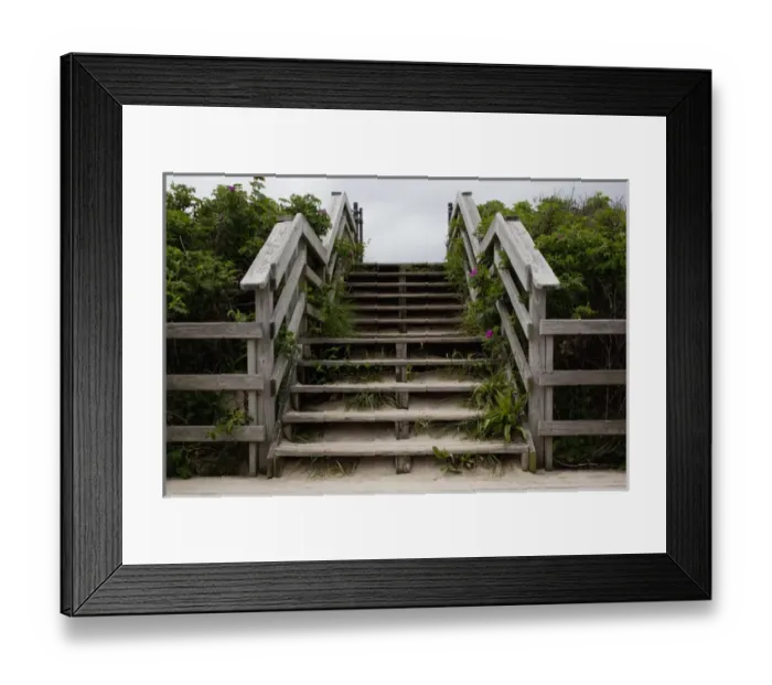 Framed Print : USA, Massachusetts, Chatham Beach, Wooden steps from sand beach to parking lot along