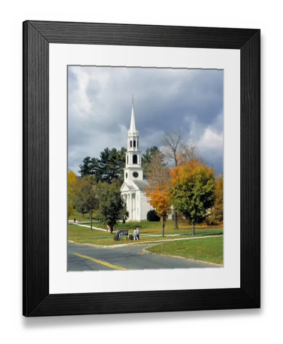 Framed Print : USA, Massachusetts, Williamstown. A pretty, white-spired chapel is surrounded by