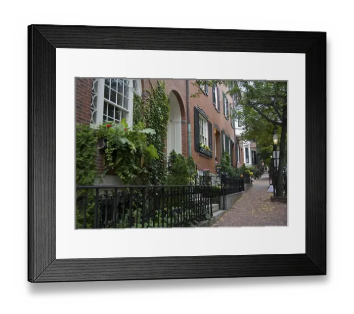 Framed Print : USA, Massachusetts, Boston. Brick sidewalk and homes on a steep street in Boston s