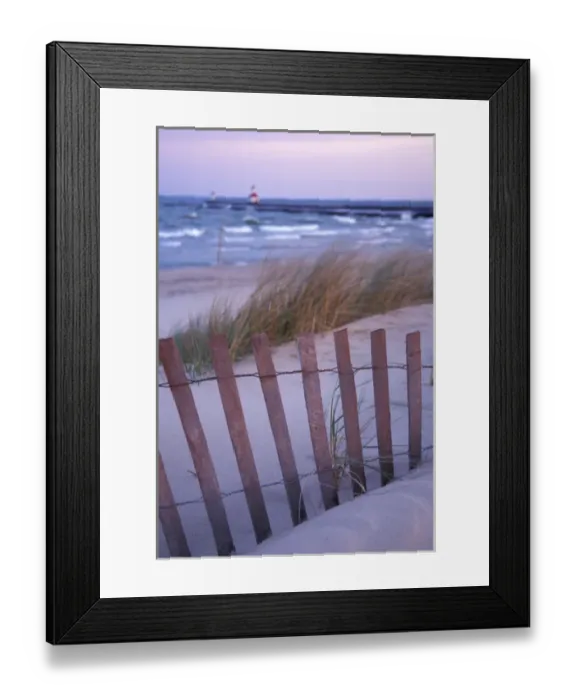 Framed Print : NA, USA, Michigan, Berrien County, St. Joseph, fence foreground, Lake Michigan and St Framed Print : NA, USA, Michigan, Berrien County, St. Joseph, fence foreground, Lake Michigan and St