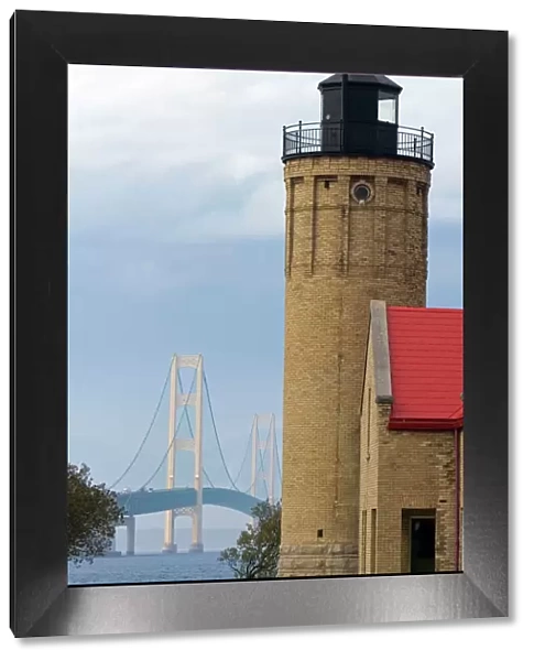 The Old Mackinac Point Lighthouse and the Mackinac Bridge at Mackinaw City, Michigan