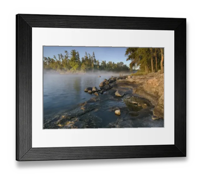 Framed Print : Sunrise through fog along the shore of Big Island, at Beaver Lodge Campsite, Rainy Lake Framed Print : Sunrise through fog along the shore of Big Island, at Beaver Lodge Campsite, Rainy Lake