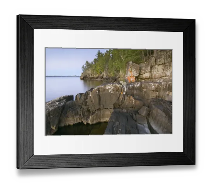 Framed Print : Shore rock and cliffs at sunset, opposite Windmill Rock View Campsite, Rainy Lake Framed Print : Shore rock and cliffs at sunset, opposite Windmill Rock View Campsite, Rainy Lake