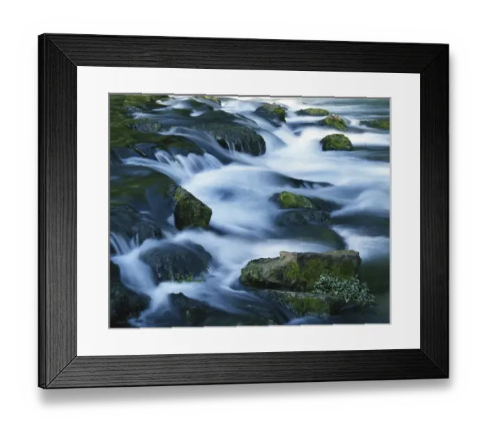 Framed Print : USA, Missouri, Bennett Spring State Park, Mossy boulders in Bennett Spring