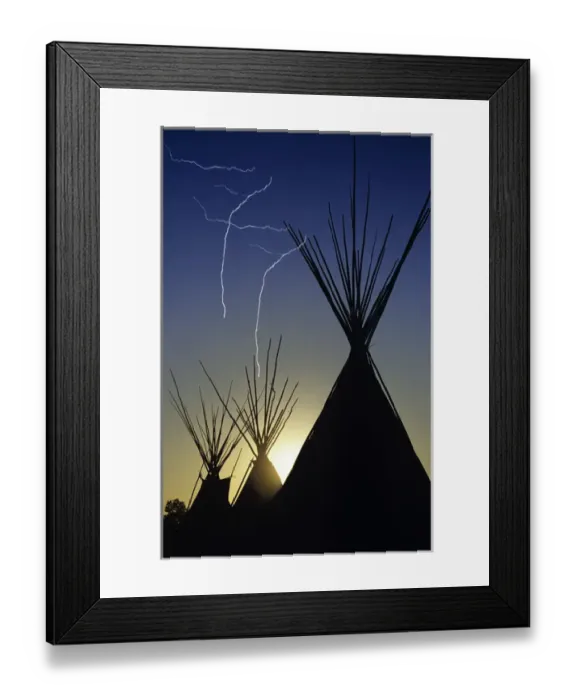 Framed Print : Tipis at sunset at Browning Montana (lightning added digitally)