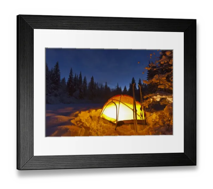 Framed Print : Tent glows at dusk during winter camping near West Glacier, Montana, USA Framed Print : Tent glows at dusk during winter camping near West Glacier, Montana, USA
