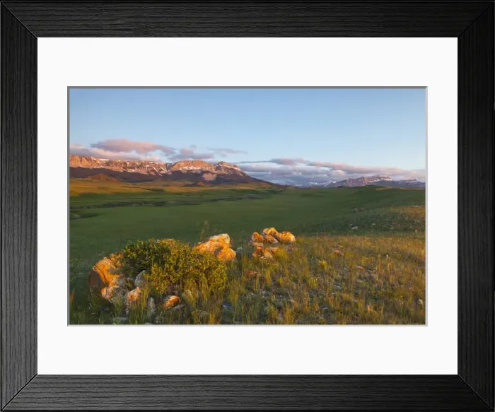 Framed Print : Colorful glacier moraine with Sawtooth Ridge and Castle Reef at first light at Sun Framed Print : Colorful glacier moraine with Sawtooth Ridge and Castle Reef at first light at Sun
