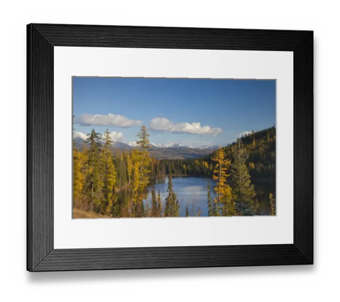 Framed Print : Lake Marshall in autumn in the Mission Mountains with the snow capped Swan Range