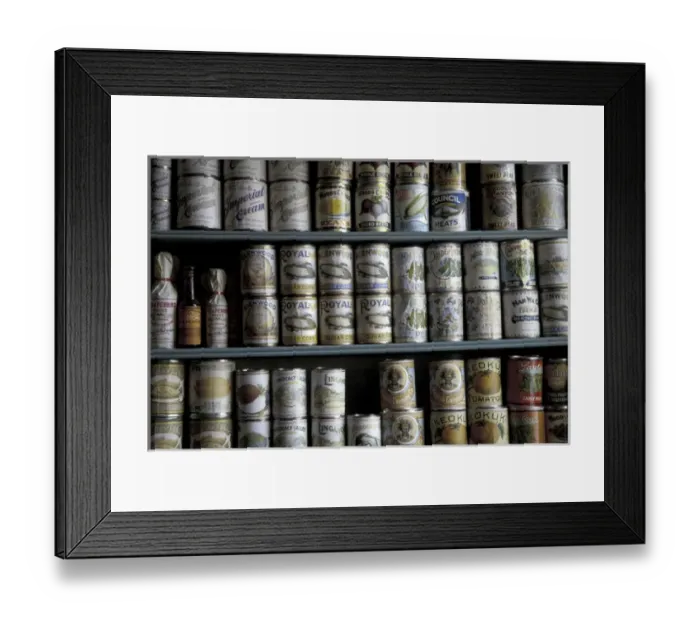 Framed Print : NA, USA, Montana, Virginia City Shelves stocked with canned goods in abandoned Framed Print : NA, USA, Montana, Virginia City Shelves stocked with canned goods in abandoned