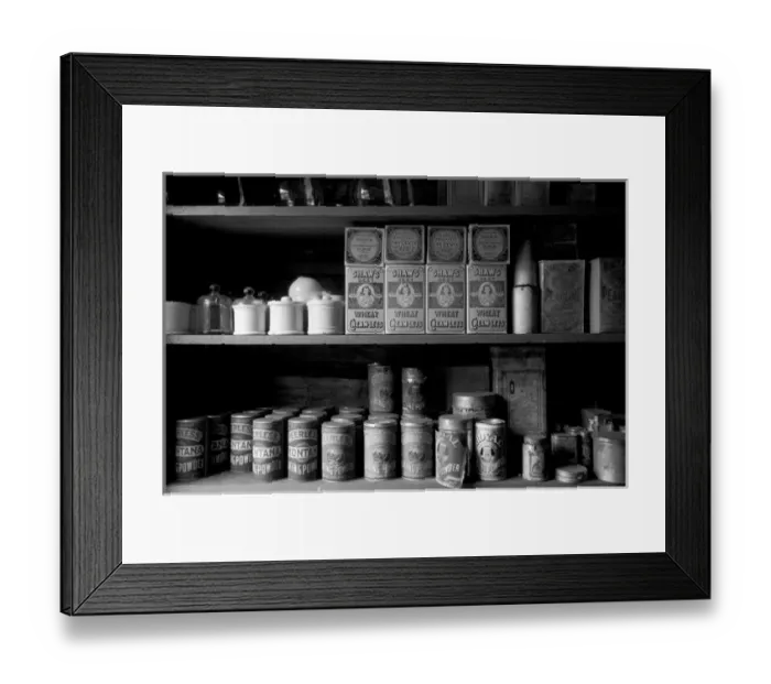 Framed Print : NA, USA, Montana, Nevada City Shelves stocked with canned goods in abandoned general