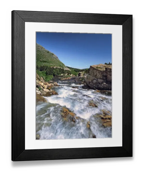 Framed Print : USA, Montana, Glacier NP. Swiftcurrent Falls tumbles into Lake Sherburne from Framed Print : USA, Montana, Glacier NP. Swiftcurrent Falls tumbles into Lake Sherburne from