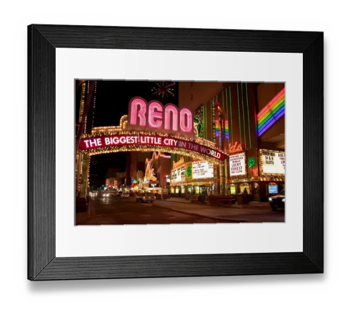 Framed Print : N. A. USA, Nevada, Reno. Neon lights and casinos along Virginia Street