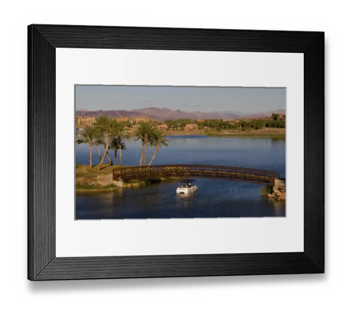 Framed Print : Loews Lake Las Vegas Resort, Reflection Bay bridge with a small boat going under Framed Print : Loews Lake Las Vegas Resort, Reflection Bay bridge with a small boat going under