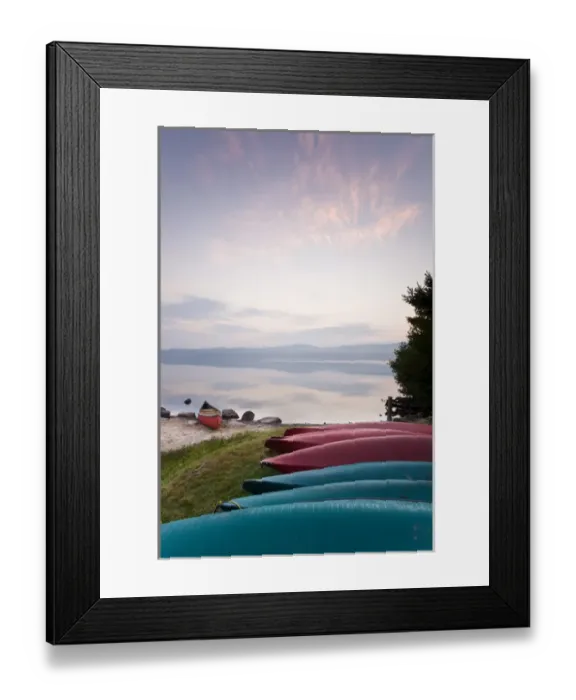 Framed Print : Canoes and kayaks on the shoreline of Lake Sunapee at sunrise at Mount Sunapee State Framed Print : Canoes and kayaks on the shoreline of Lake Sunapee at sunrise at Mount Sunapee State