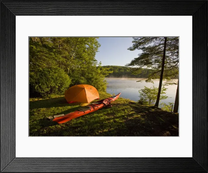 Framed Print : A kayak and a tent next to the Androscoggin River at a remote campsite at Mollidgewock Framed Print : A kayak and a tent next to the Androscoggin River at a remote campsite at Mollidgewock