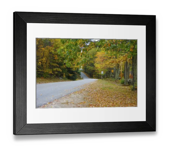 Framed Print : North America, USA, New Hampshire. A winding rural road surrounded by fall foliage
