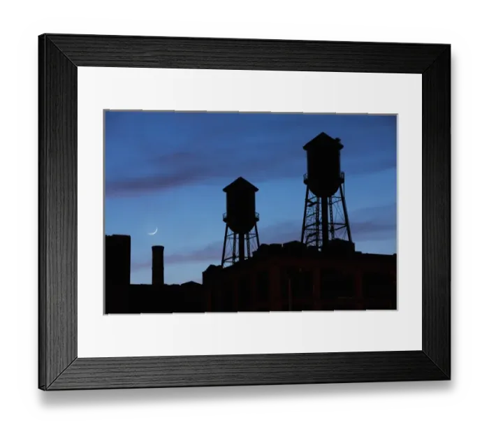 Framed Print : USA, New Jersey, Jersey City, Rooftop water towers and setting crescent moon Framed Print : USA, New Jersey, Jersey City, Rooftop water towers and setting crescent moon