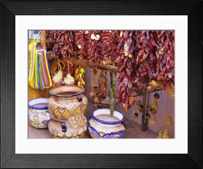Framed Print : Native American pottery and traditional ristras in historic and charming Santa Fe Framed Print : Native American pottery and traditional ristras in historic and charming Santa Fe