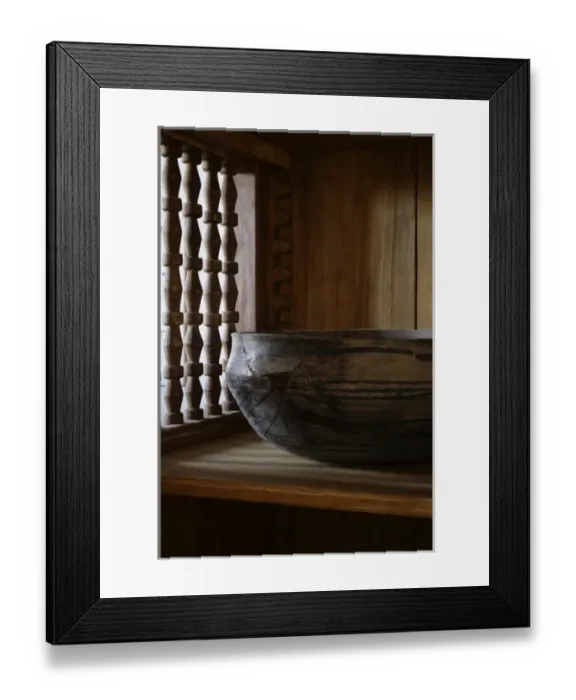 Framed Print : Alcalde, New Mexico, United States. Old Indian pot in New Mexico style carved cubbard Framed Print : Alcalde, New Mexico, United States. Old Indian pot in New Mexico style carved cubbard