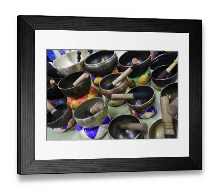 Framed Print : Santa Fe, New Mexico, United States. Flea market at the Railyard. TIbetan prayer bowls Framed Print : Santa Fe, New Mexico, United States. Flea market at the Railyard. TIbetan prayer bowls