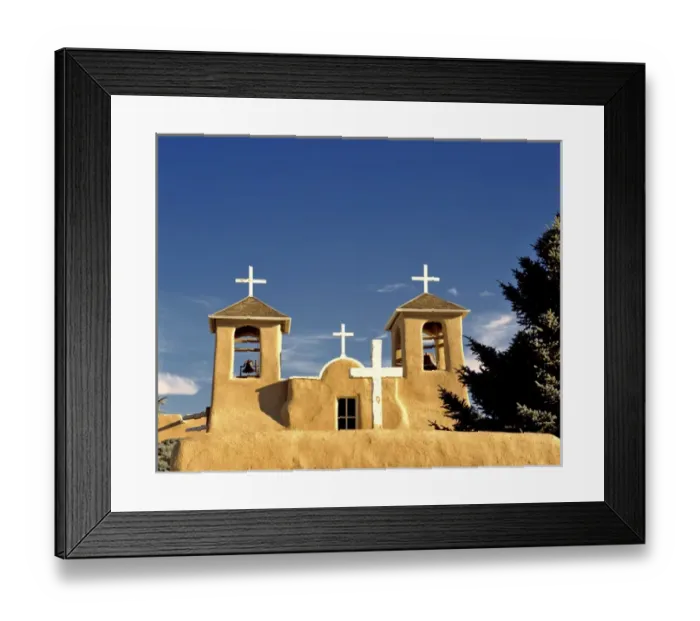 Framed Print : USA, New Mexico, Taos. Simple white crosses top the bell towers of St. Francis de Assisi Church