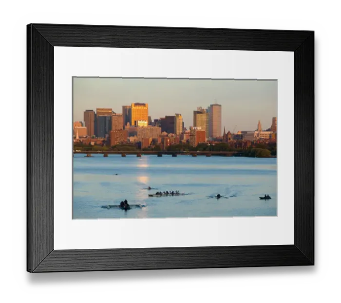 Framed Print : USA-Massachusetts-Boston: Sunset View of Financial District and Rowers on the Charles