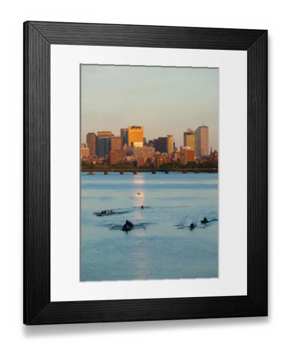 Framed Print : USA-Massachusetts-Boston: Sunset View of Financial District and Rowers on the Charles