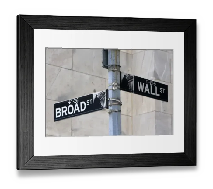 Framed Print : Street sign for Wall and Broad in New York City, New York, USA Framed Print : Street sign for Wall and Broad in New York City, New York, USA