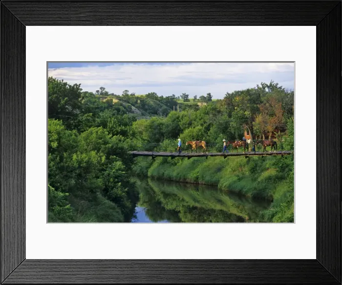Framed Print : Ranchers lead Horses over Knife River in Golden Valley North Dakota