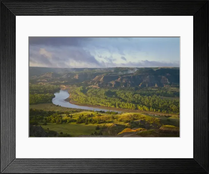 Framed Print : Fog burns off at sunrise from River Bend Overlook in the North Unit of Theodore Roosevelt Framed Print : Fog burns off at sunrise from River Bend Overlook in the North Unit of Theodore Roosevelt