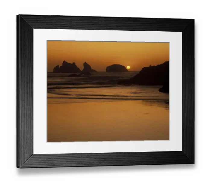 Framed Print : N. A. USA, Oregon, Bandon Beach State Park. Bandon Beach with mirrored seastack reflections