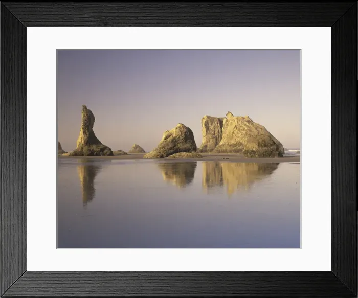 Framed Print : N. A. USA, Oregon, Bandon Beach State Park. Bandon Beach with mirrored seastack reflections Framed Print : N. A. USA, Oregon, Bandon Beach State Park. Bandon Beach with mirrored seastack reflections