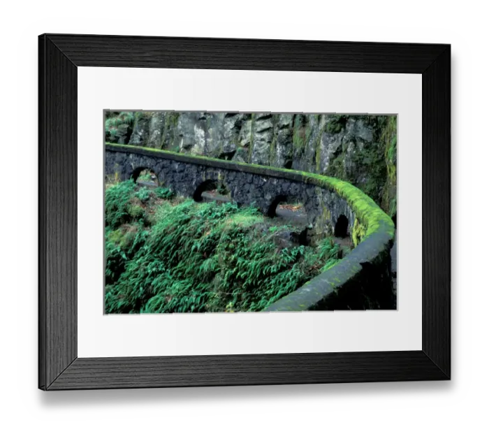 Framed Print : USA, Oregon, Columbia River Gorge NSA, fence along path to Shepherds Dell Falls