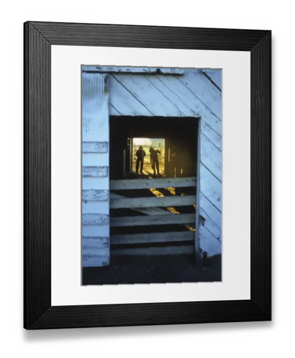 Framed Print : USA, Oregon, Harney County, Cowboys getting ready for work in doorway and backlit Framed Print : USA, Oregon, Harney County, Cowboys getting ready for work in doorway and backlit