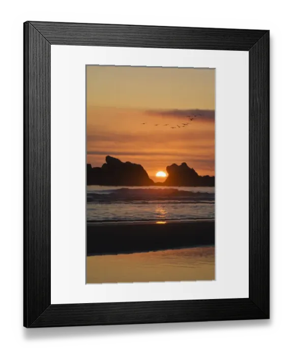 Framed Print : USA, Oregon. Birds fly over sunset between sea stacks. Credit as: Nancy Rotenberg