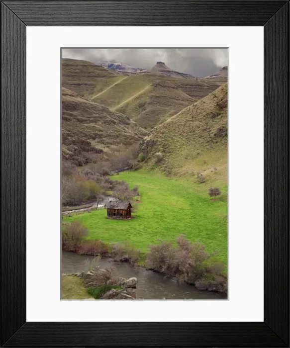 Framed Print : USA, Oregon. View of old barn and Imnaha River in Imnaha Valley. Credit as: Don Paulson