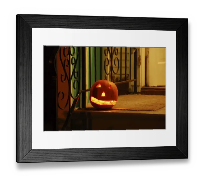 Framed Print : USA, Oregon, Portland. Lighted jack-o-lantern on front porch awaiting trick or treaters