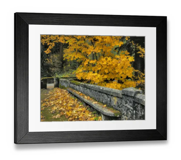 Framed Print : USA, Oregon, Columbia River Gorge National Scenic Area. Stone wall and bench framed Framed Print : USA, Oregon, Columbia River Gorge National Scenic Area. Stone wall and bench framed