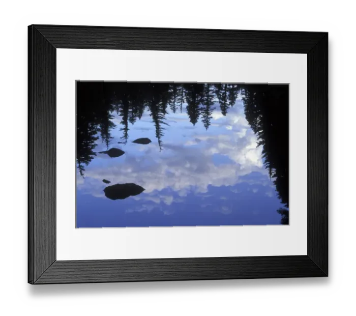 Framed Print : Reflection of sky, trees, rocks, and clouds in Russel Lake, Mt. Jefferson Wilderness Framed Print : Reflection of sky, trees, rocks, and clouds in Russel Lake, Mt. Jefferson Wilderness