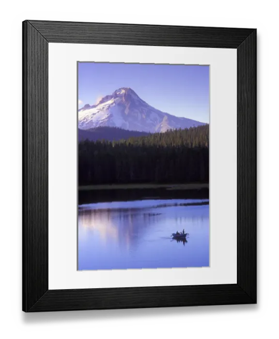 Framed Print : Fishermen in drift boat on Frog Lake sunset with Mt. Hood towering in the background Framed Print : Fishermen in drift boat on Frog Lake sunset with Mt. Hood towering in the background