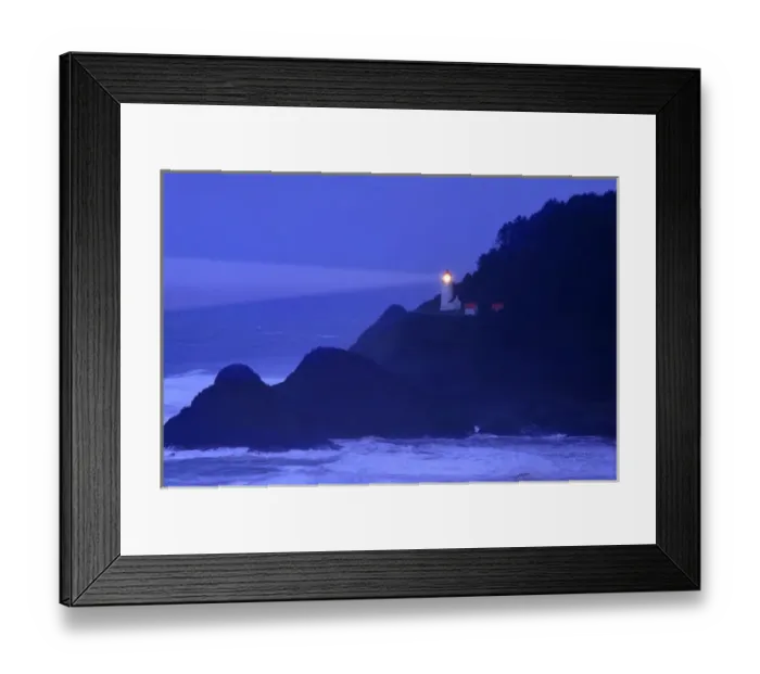 Framed Print : Foggy night on the Oregon Coast at the Haceta Head lighthouse