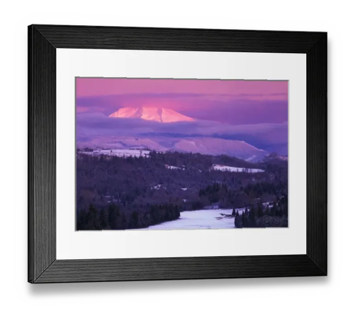 Framed Print : Sunrise on a snow covered landscape with Mt Hood peeking through clouds, as viewed