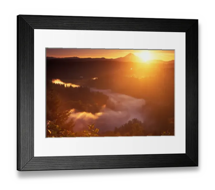 Framed Print : Sunrise over Mt Hood, with the Sandy River covered in fog as seen from Jonsrud Viewpoint near Sandy