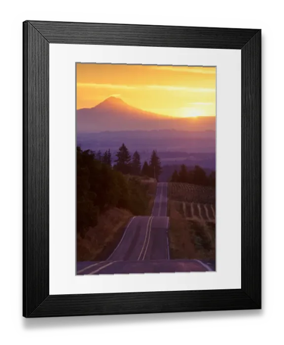 Framed Print : The warm glow of sunrise over Mt. Hood taken from an undulating country road in Washington County Framed Print : The warm glow of sunrise over Mt. Hood taken from an undulating country road in Washington County