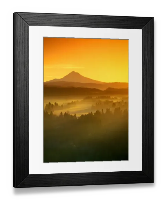 Framed Print : Sunrise orange colors the fog in the valley in front of Mt Hood, Oregon, seen Framed Print : Sunrise orange colors the fog in the valley in front of Mt Hood, Oregon, seen
