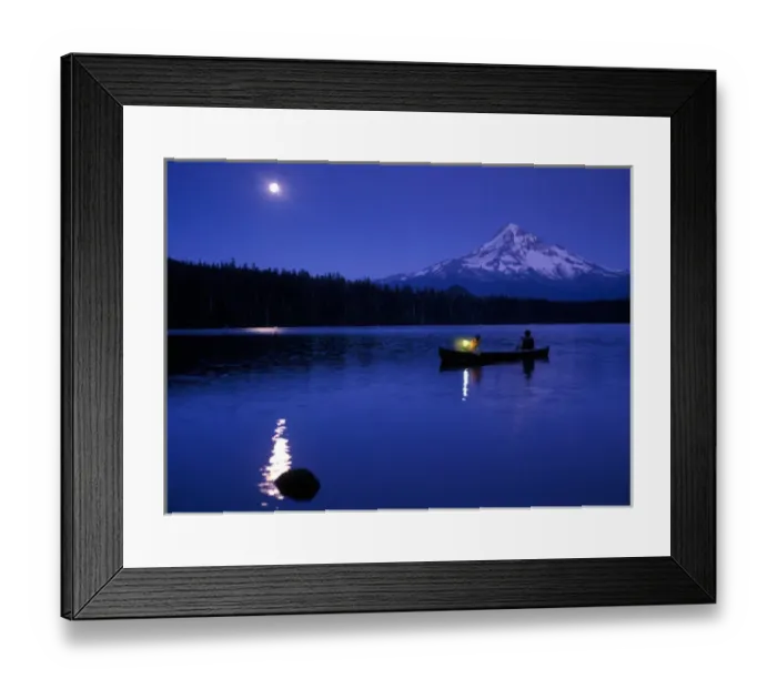 Framed Print : Two boys in canoe with lantern at night on Lost Lake with Mt Hood in the background Framed Print : Two boys in canoe with lantern at night on Lost Lake with Mt Hood in the background