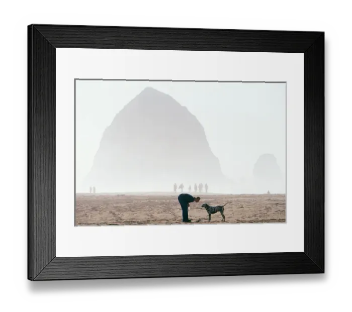 Framed Print : USA, Oregon, Cannon Beach, A man plays frisbee with his dog on a misty morning Framed Print : USA, Oregon, Cannon Beach, A man plays frisbee with his dog on a misty morning