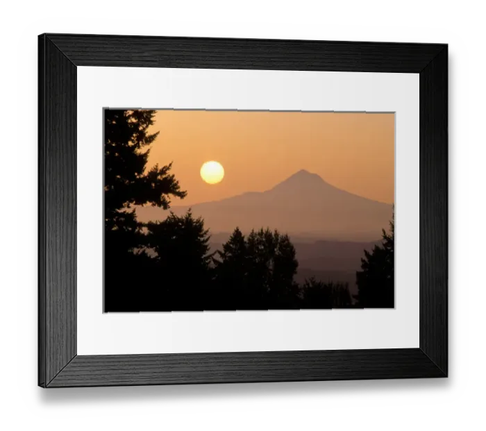 Framed Print : The sun hangs above Mt Hood, as viewed from Portland, Oregon Framed Print : The sun hangs above Mt Hood, as viewed from Portland, Oregon