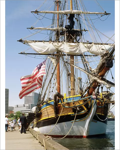 A replica of a Revolutionary War era sailing ship docked at the Portland sea wall